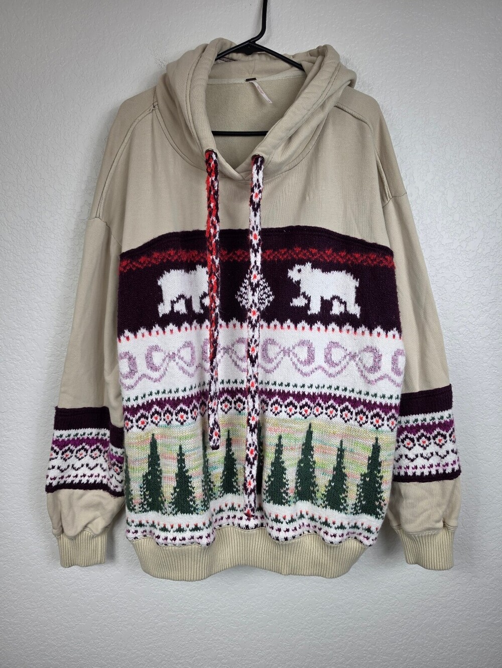 Free People Beige Hoodie with Bear and Tree Pattern